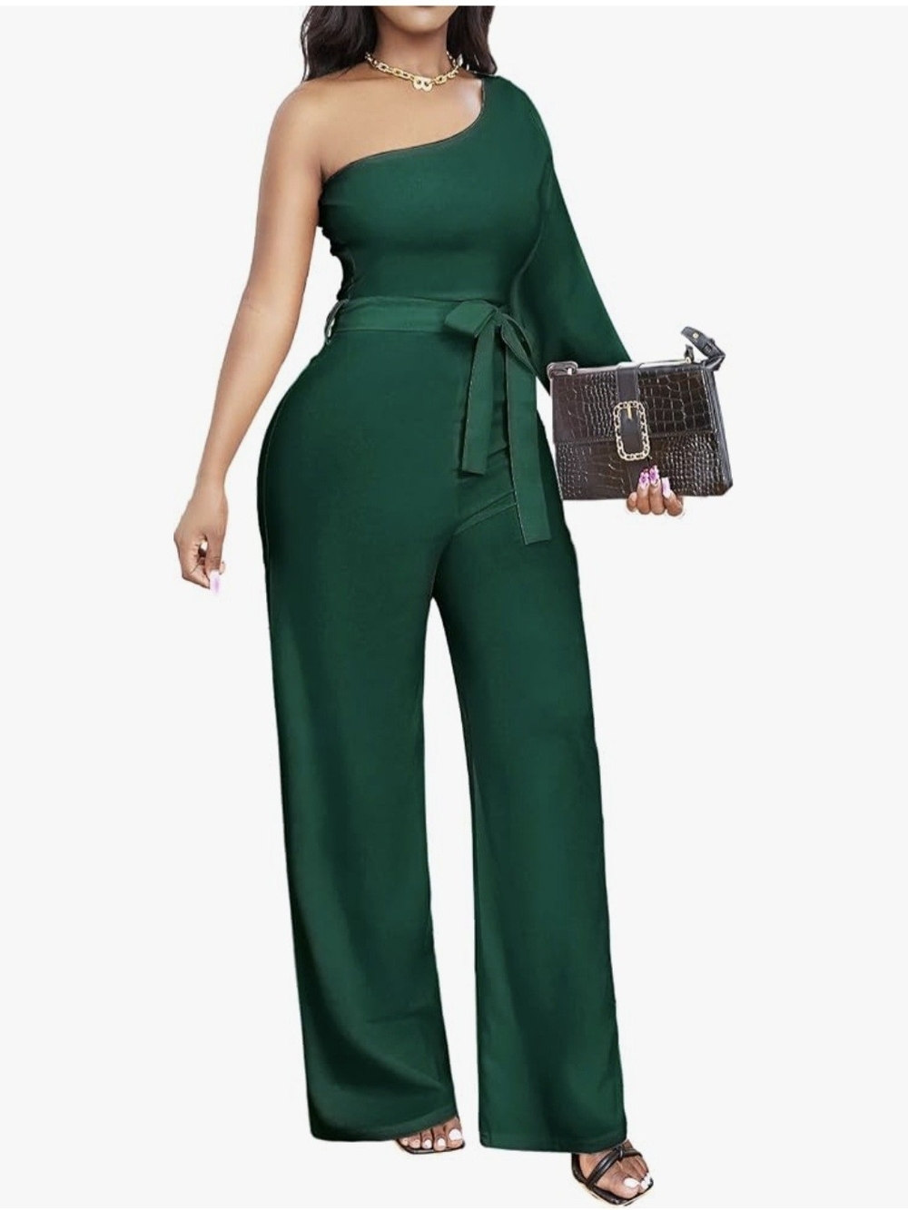 One-Shoulder Emerald Green Jumpsuit with Waist Tie